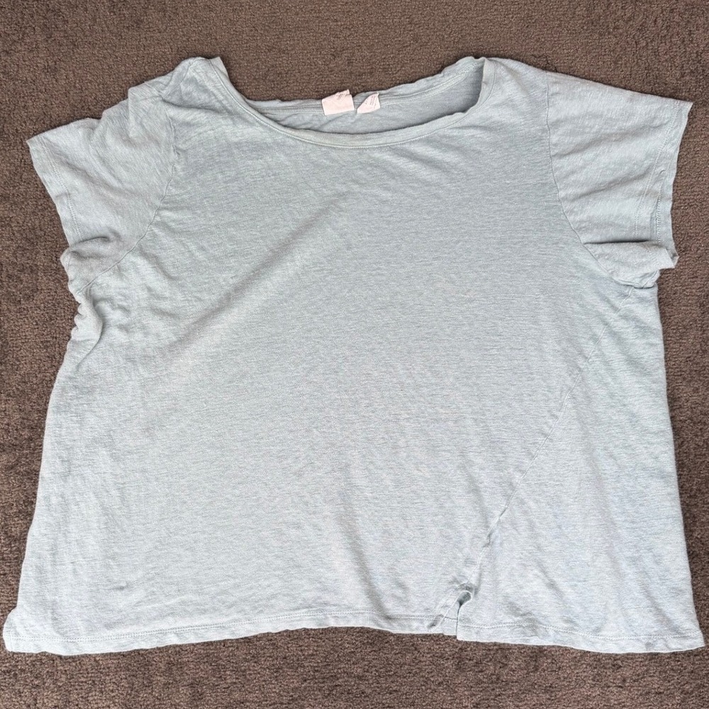 C&C California Womens 3X Light Blue 100% Linen Short Sleeve Scoop Neck Top